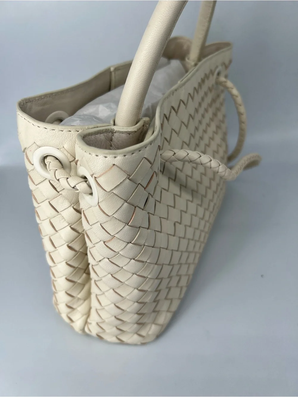 Quince Romy hand Woven Leather Top-Handle Tote in bone